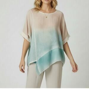 Belle France Linen Silk Watercolor Beachy Tunic Top L Coastal Lagenlook Italy